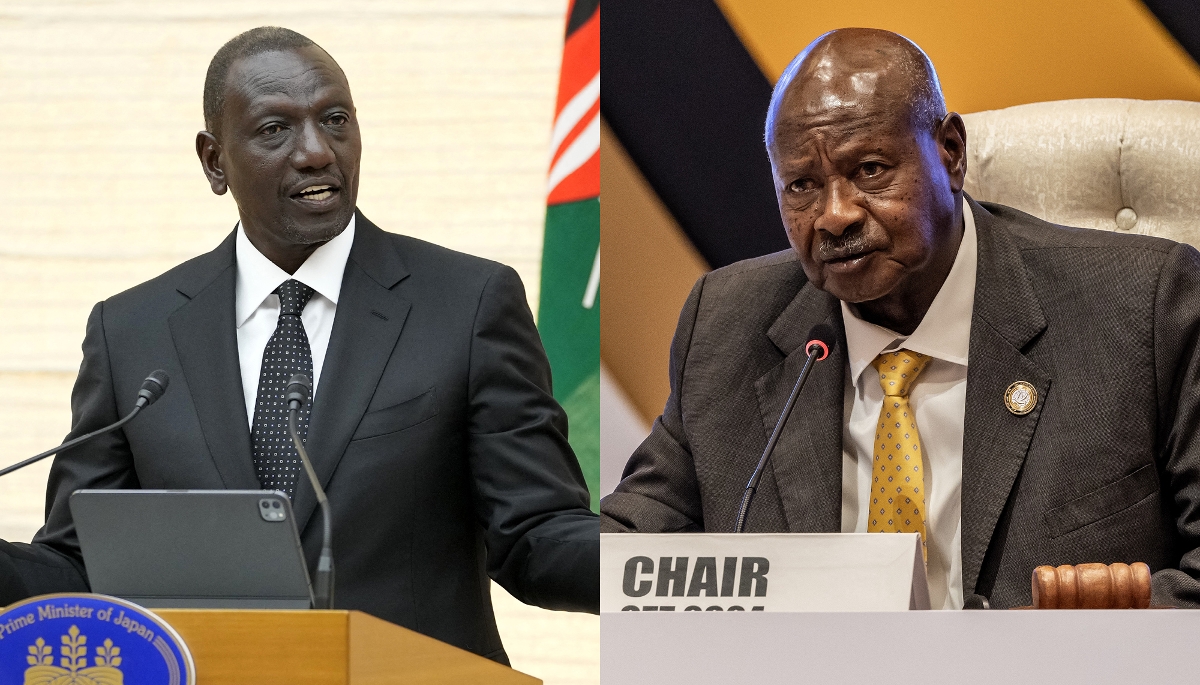 William Ruto à Tokyo, le 8 février 2024. Yoweri Museveni à Kampala, le 21 janvier 2024. 