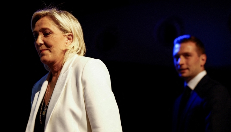 Jordan Bardella, président du Rassemblement national, avec Marine Le Pen, à Paris, le 9 juin 2024.
