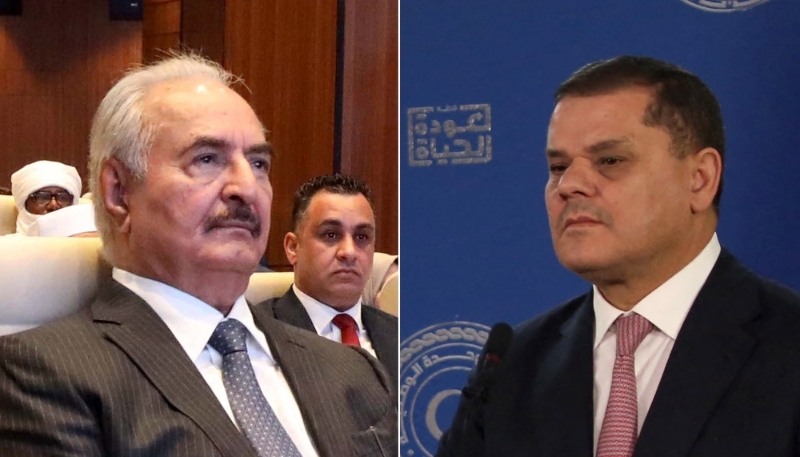 L'homme fort de l'Est, Khalifa Haftar, et le premier ministre du Gouvernement d'union nationale (GUN), Abdelhamid Dabaiba.