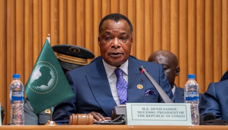 Le président congolais Denis Sassou-Nguesso au siège de l'Union africaine, à Addis-Abeba, en Éthiopie, le 14 février 2025.