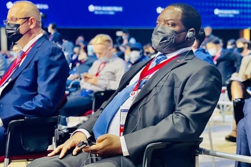 Le premier ministre centrafricain Firmin Ngrebada, au forum économique de Saint-Pétersbourg, le 3 juin 2021.