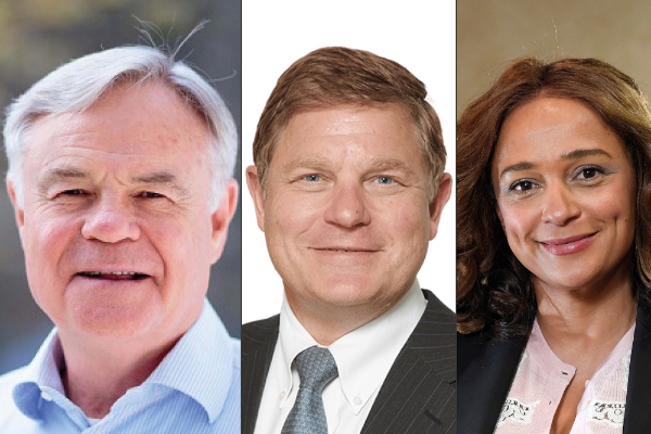 Le président et fondateur de Naspers Koos Bekker, le minier sud-africain Gareth Penny et Isabel dos Santos, fille aînée de l'ancien président angolais José Eduardo dos Santos.