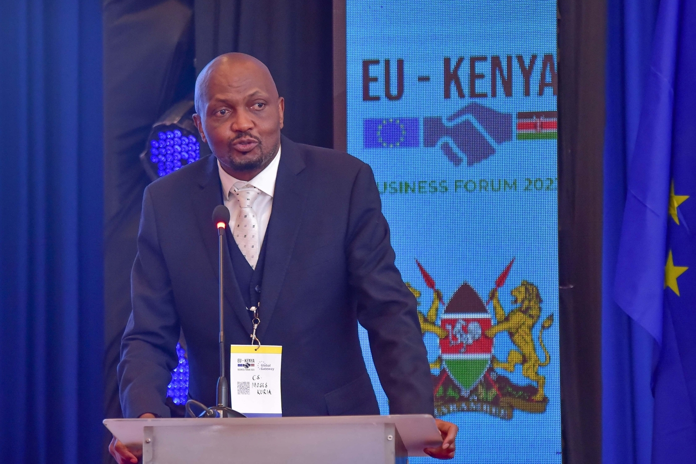 Le ministre kenyan du commerce, des investissements et de l'industrie, Moses Kuria, lors de l'ouverture du premier forum d'affaires Union européenne-Kenya, le 21 février 2023.